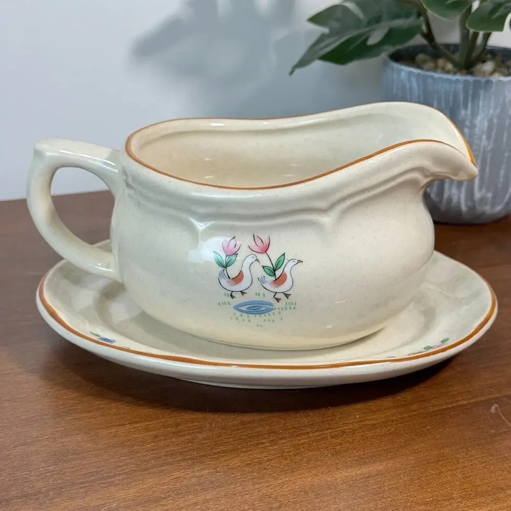 Vintage International China Heartland Gravy Boat and Saucer Stoneware Farmhouse